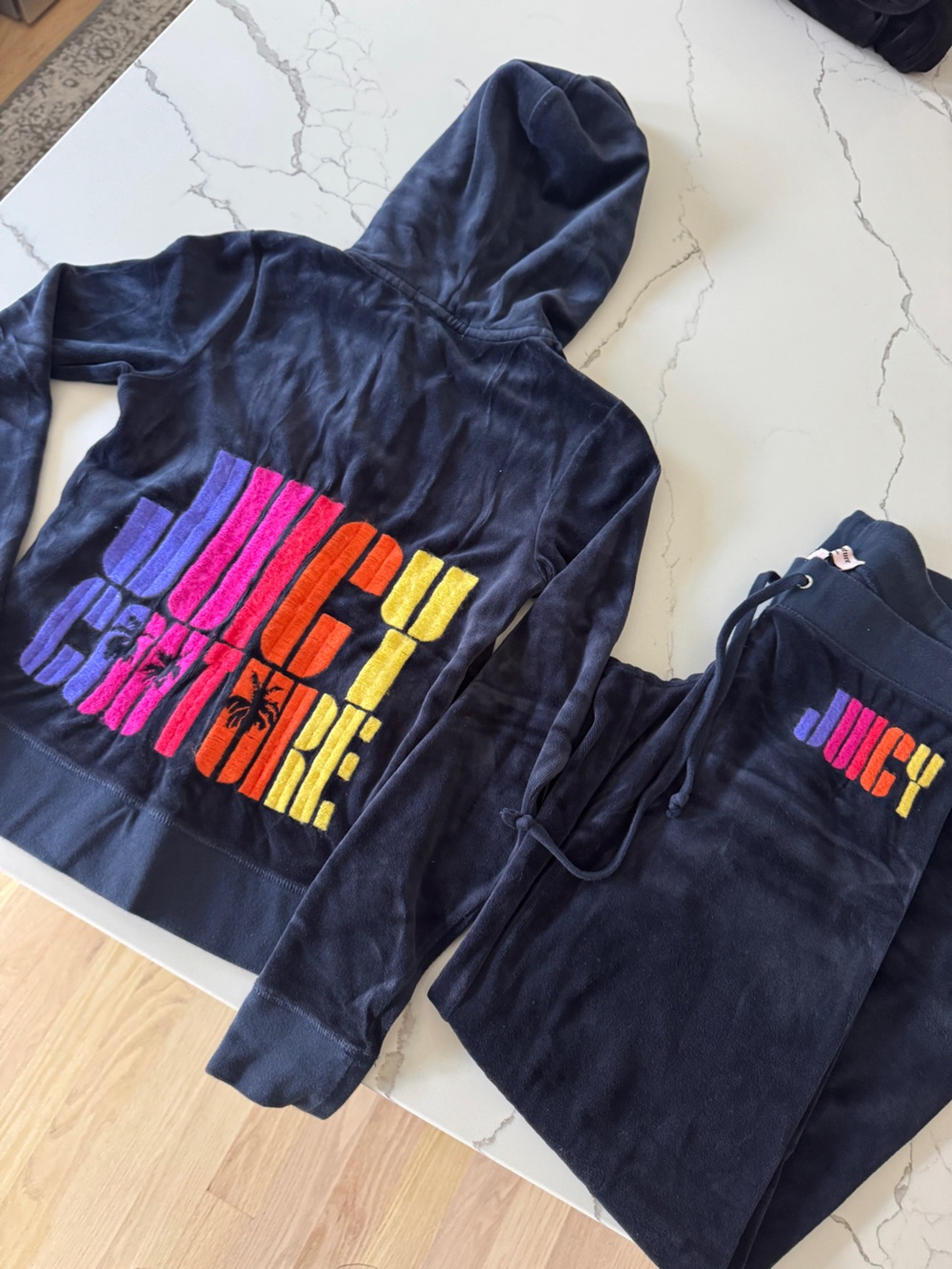 🌈🦄 Juicy Couture Navy Velour Hoodie & Pants Set with Rainbow Logo Y2K Vintage